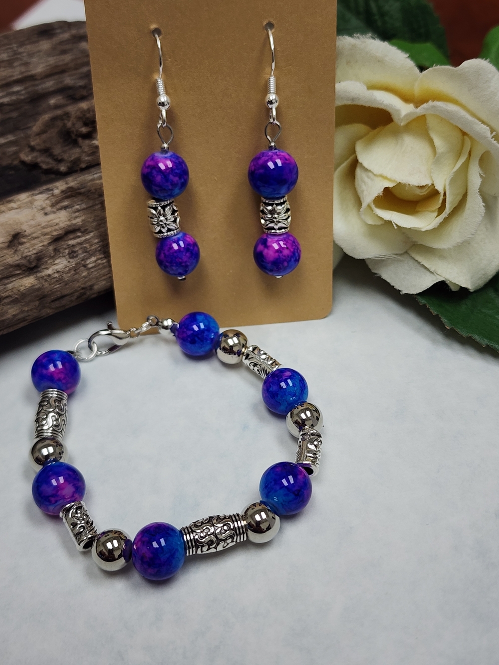 Hand Crafted Purple Pink and Blue Beaded Bracelet & Earring Set